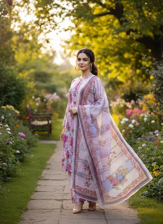 Eid Collection 3 Pcs Women's Stitched Cotton Lawn Printed Suit