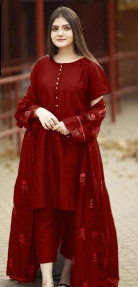 Maroon Katan Silk 3 Pcs Gown Suit with Embroidery