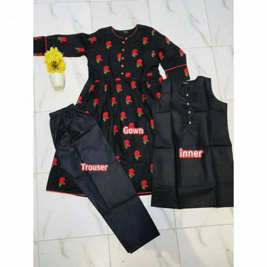 Elegant Black Silk Women's Stitched Suit - 3 Pcs Embroidered Ensemble