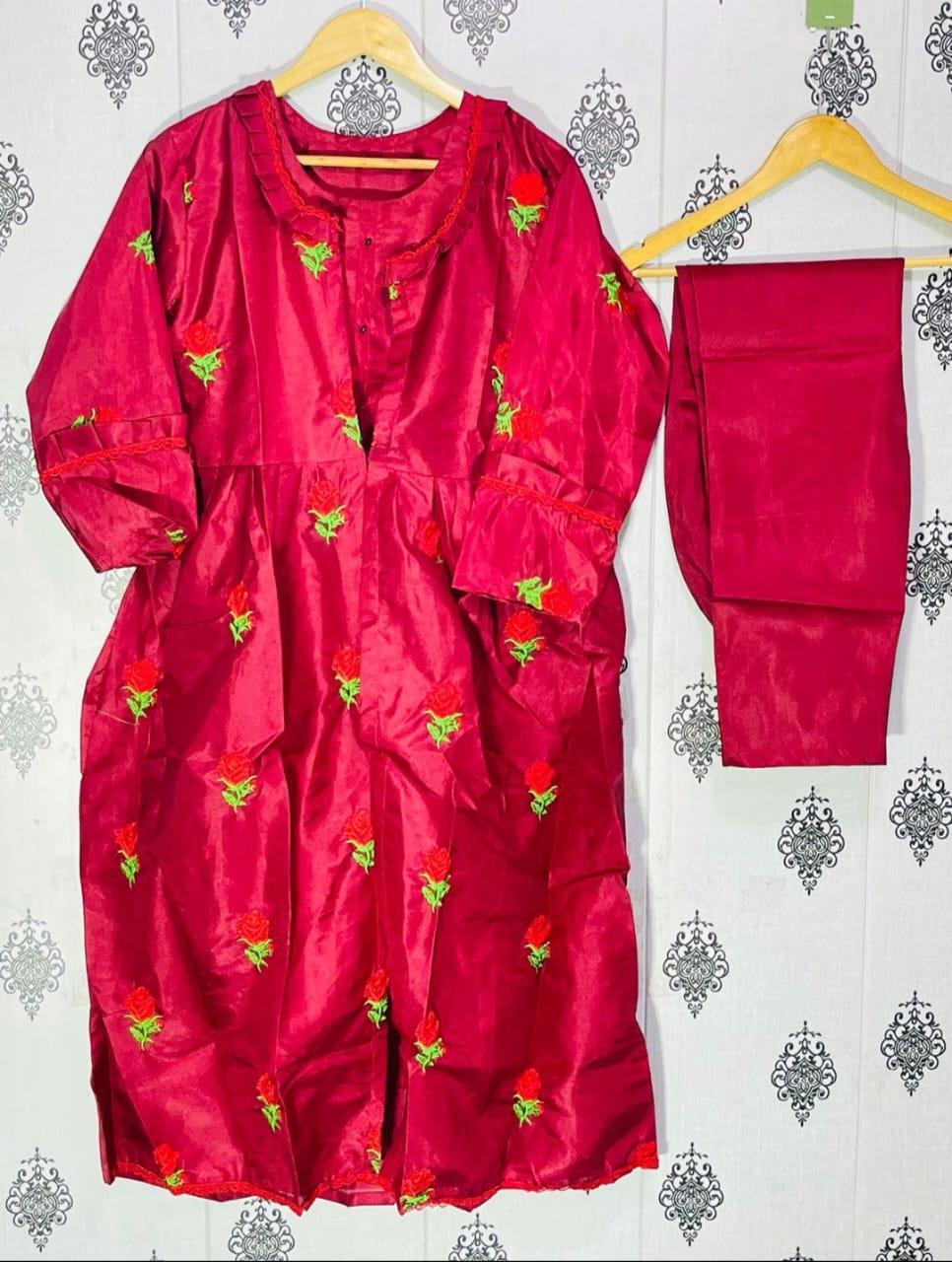 Maroon Katan Silk 3 Pcs Gown Suit with Embroidery