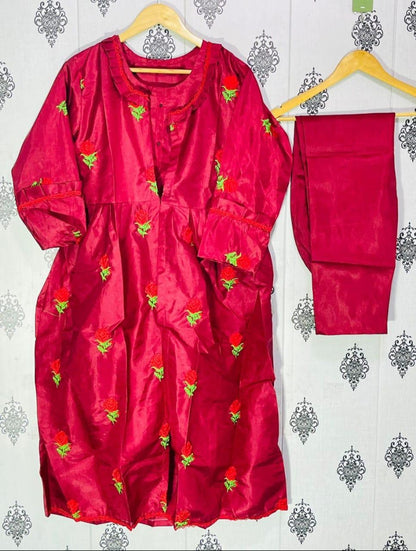 Maroon Katan Silk 3 Pcs Gown Suit with Embroidery