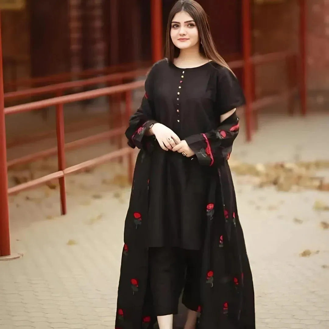 Elegant Black Silk Women's Stitched Suit - 3 Pcs Embroidered Ensemble